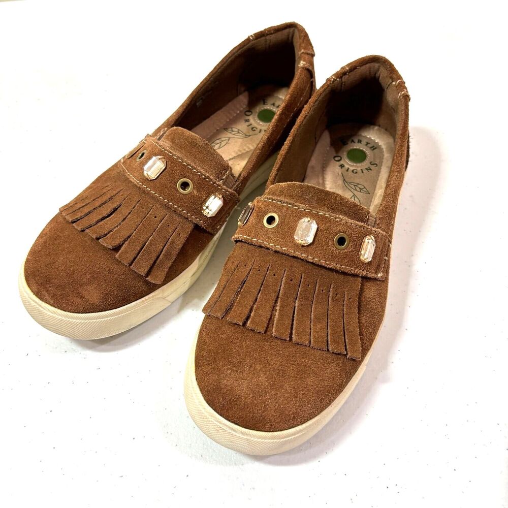 Earth Origins Suede Loafers Mocassins Womens 7.5 Camel Brown Fringe Slip On